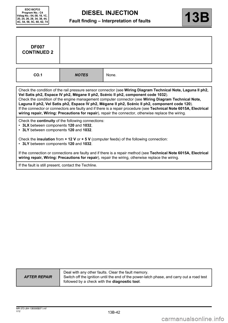 RENAULT SCENIC 2012 J95 / 3.G Engine And Peripherals EDC16CP33 Service Manual 13B-42
AFTER REPAIRDeal with any other faults. Clear the fault memory. 
Switch off the ignition until the end of the power-latch phase, and carry out a road test 
followed by a check with the diagnost