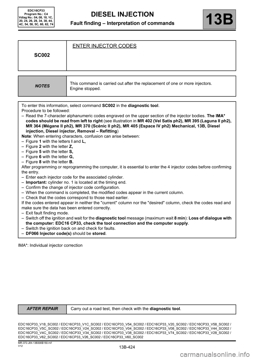 RENAULT SCENIC 2012 J95 / 3.G Engine And Peripherals EDC16CP33 Workshop Manual 13B-424V12 MR-372-J84-13B300$150.mif
DIESEL INJECTION
Fault finding – Interpretation of commands13B
IMA*: Individual injector correction
SC002ENTER INJECTOR CODES
NOTESThis command is carried out af