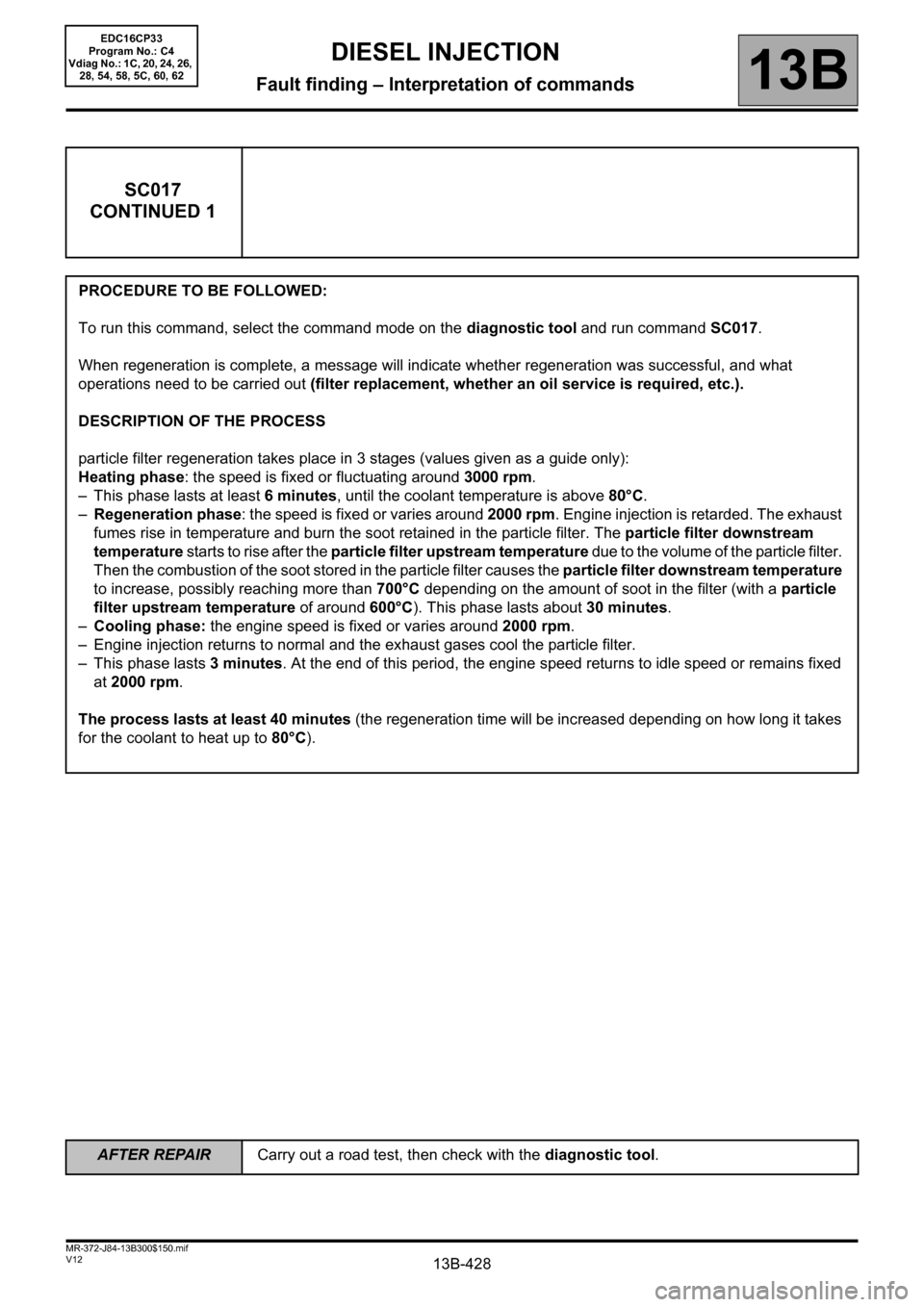 RENAULT SCENIC 2012 J95 / 3.G Engine And Peripherals EDC16CP33 User Guide 13B-428V12 MR-372-J84-13B300$150.mif
DIESEL INJECTION
Fault finding – Interpretation of commands13B
SC017
CONTINUED 1
PROCEDURE TO BE FOLLOWED:
To run this command, select the command mode on the di