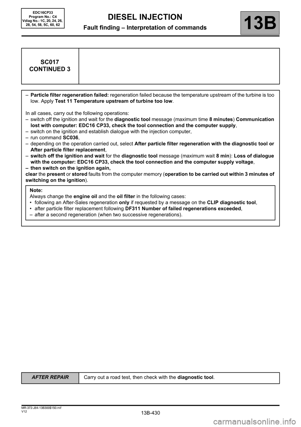 RENAULT SCENIC 2012 J95 / 3.G Engine And Peripherals EDC16CP33 Workshop Manual 13B-430V12 MR-372-J84-13B300$150.mif
DIESEL INJECTION
Fault finding – Interpretation of commands13B
SC017
CONTINUED 3
–Particle filter regeneration failed: regeneration failed because the temperat