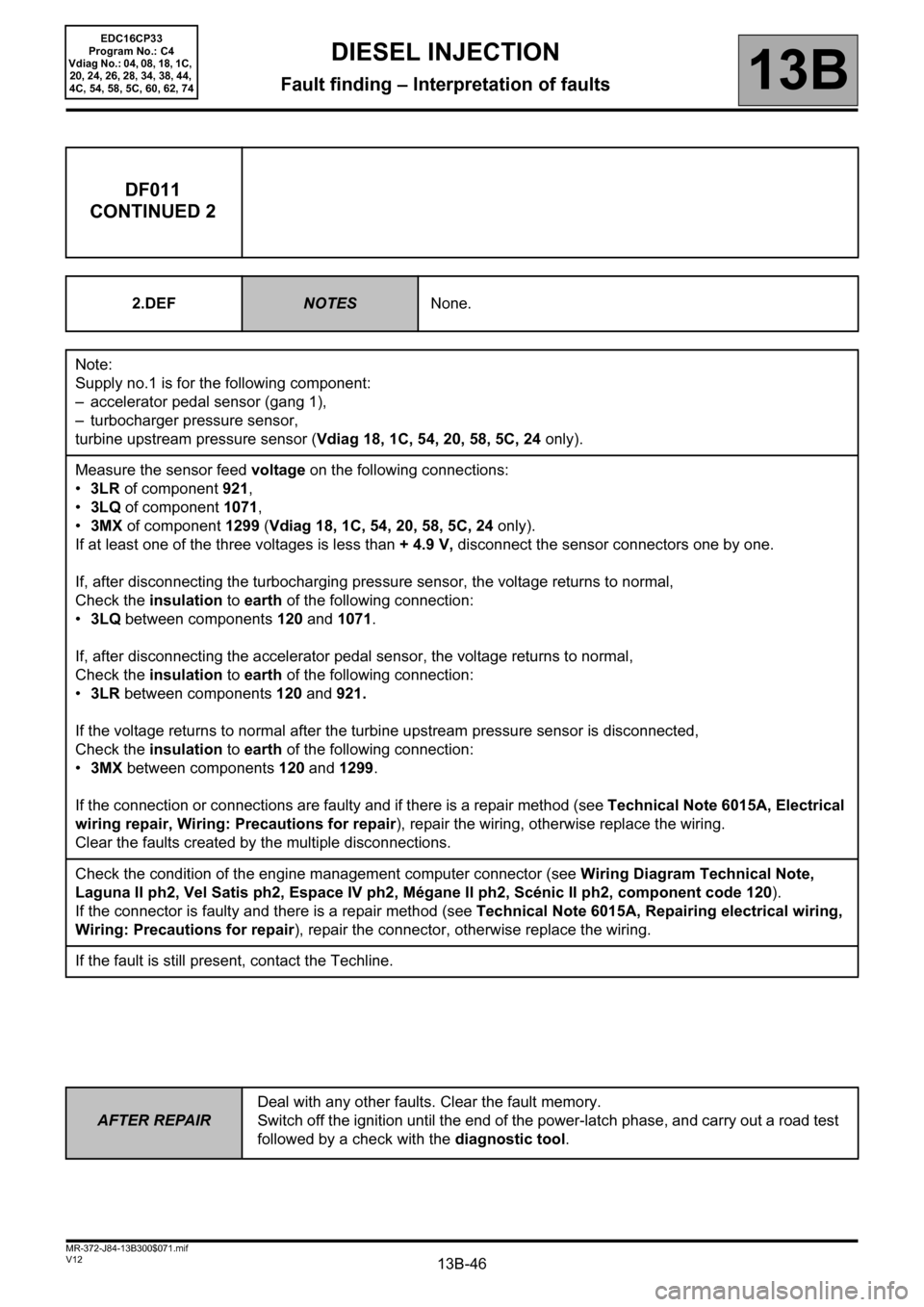 RENAULT SCENIC 2012 J95 / 3.G Engine And Peripherals EDC16CP33 Service Manual 13B-46
AFTER REPAIRDeal with any other faults. Clear the fault memory. 
Switch off the ignition until the end of the power-latch phase, and carry out a road test 
followed by a check with the diagnost