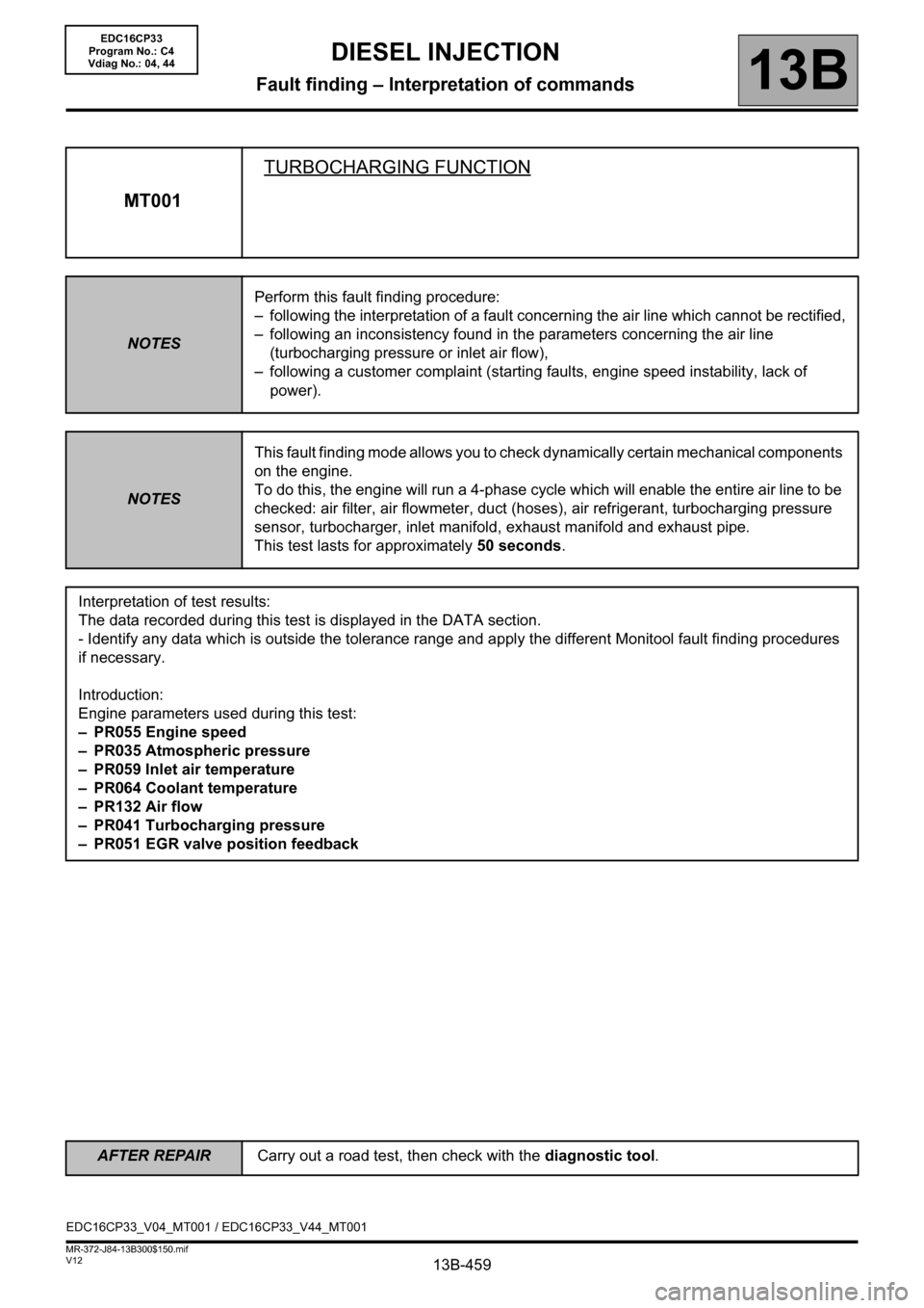 RENAULT SCENIC 2012 J95 / 3.G Engine And Peripherals EDC16CP33 Workshop Manual 13B-459V12 MR-372-J84-13B300$150.mif
DIESEL INJECTION
Fault finding – Interpretation of commands13B
MT001TURBOCHARGING FUNCTION
NOTESPerform this fault finding procedure:
– following the interpret RENAULT SCENIC 2012 J95 / 3.G Engine And Peripherals EDC16CP33 Workshop Manual 13B-459V12 MR-372-J84-13B300$150.mif
DIESEL INJECTION
Fault finding – Interpretation of commands13B
MT001TURBOCHARGING FUNCTION
NOTESPerform this fault finding procedure:
– following the interpret