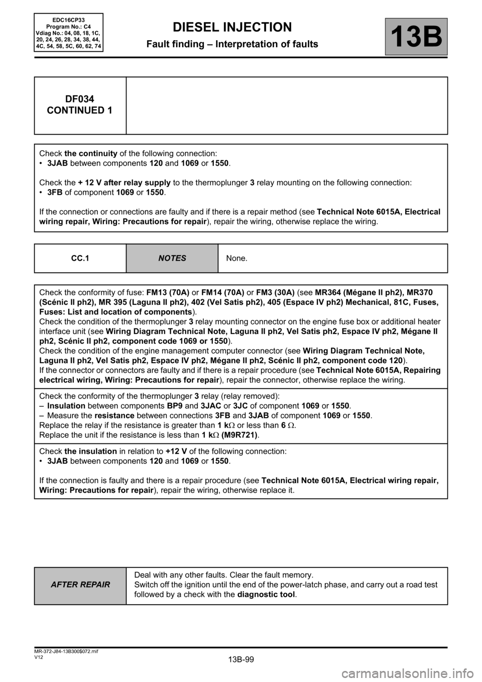 RENAULT SCENIC 2012 J95 / 3.G Engine And Peripherals EDC16CP33 Manual PDF 13B-99
AFTER REPAIRDeal with any other faults. Clear the fault memory. 
Switch off the ignition until the end of the power-latch phase, and carry out a road test 
followed by a check with the diagnost