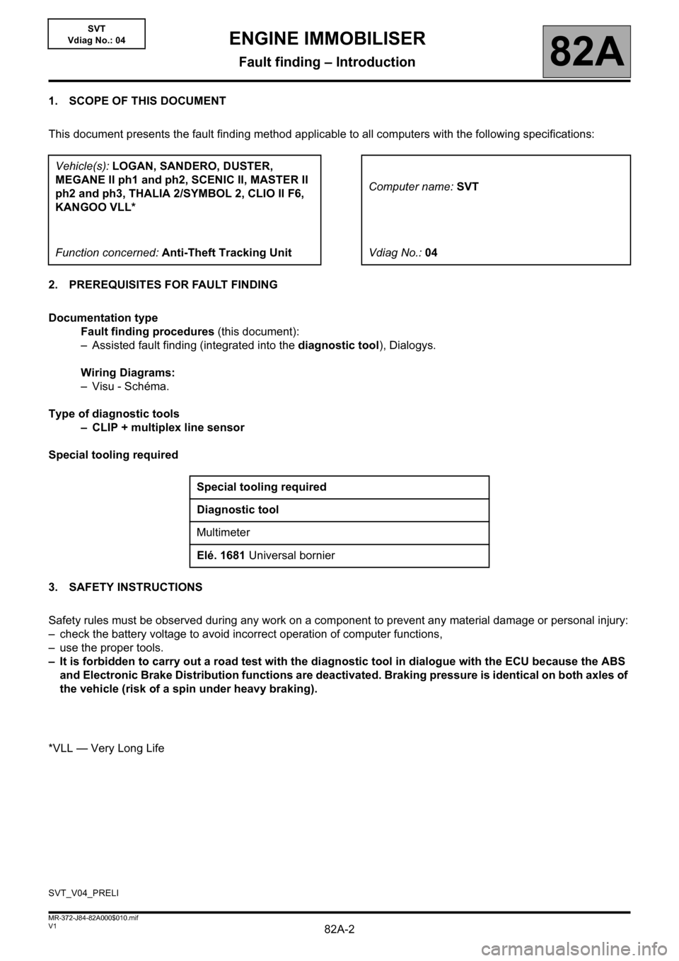 RENAULT SCENIC 2013 J95 / 3.G Electrical Equipment Immobiliser Workshop Manual 82A-2V1 MR-372-J84-82A000$010.mif
82A
SVT
Vdiag No.: 04
1. SCOPE OF THIS DOCUMENT
This document presents the fault finding method applicable to all computers with the following specifications:
2. PRER