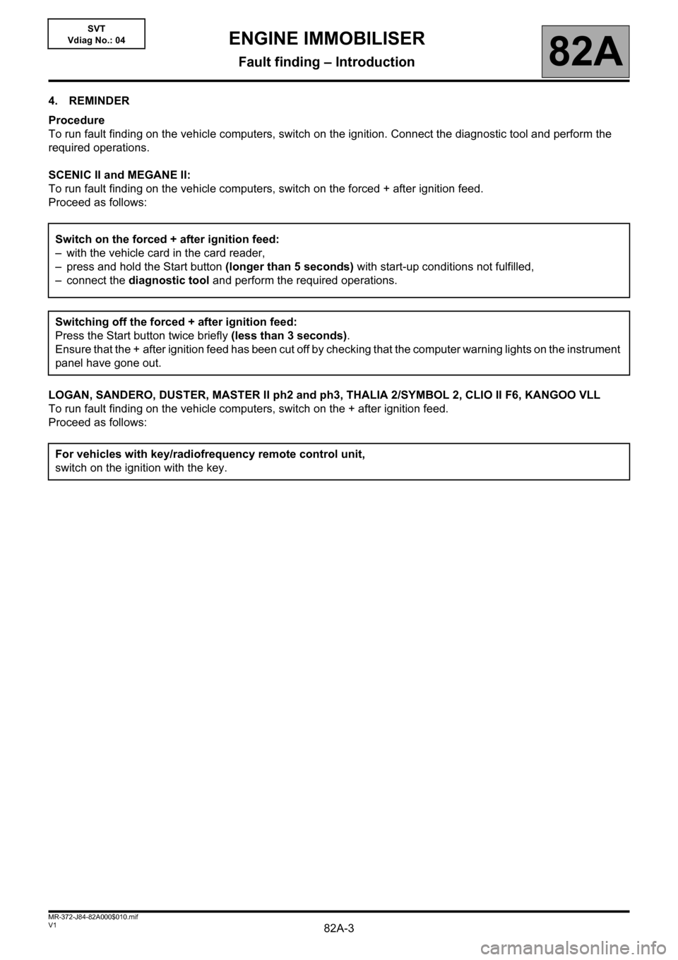 RENAULT SCENIC 2013 J95 / 3.G Electrical Equipment Immobiliser Workshop Manual 82A-3V1 MR-372-J84-82A000$010.mif
ENGINE IMMOBILISER
Fault finding – Introduction82A
SVT
Vdiag No.: 04
4. REMINDER
Procedure
To run fault finding on the vehicle computers, switch on the ignition. Co RENAULT SCENIC 2013 J95 / 3.G Electrical Equipment Immobiliser Workshop Manual 82A-3V1 MR-372-J84-82A000$010.mif
ENGINE IMMOBILISER
Fault finding – Introduction82A
SVT
Vdiag No.: 04
4. REMINDER
Procedure
To run fault finding on the vehicle computers, switch on the ignition. Co