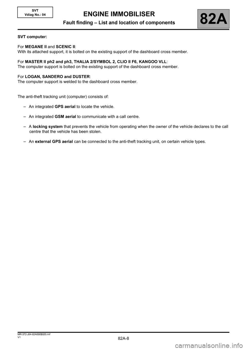 RENAULT SCENIC 2013 J95 / 3.G Electrical Equipment Immobiliser Workshop Manual 82A-8V1 MR-372-J84-82A000$020.mif
82A
SVT
Vdiag No.: 04
SVT computer:
For MEGANE II and SCENIC II:
With its attached support, it is bolted on the existing support of the dashboard cross member.
For M RENAULT SCENIC 2013 J95 / 3.G Electrical Equipment Immobiliser Workshop Manual 82A-8V1 MR-372-J84-82A000$020.mif
82A
SVT
Vdiag No.: 04
SVT computer:
For MEGANE II and SCENIC II:
With its attached support, it is bolted on the existing support of the dashboard cross member.
For M