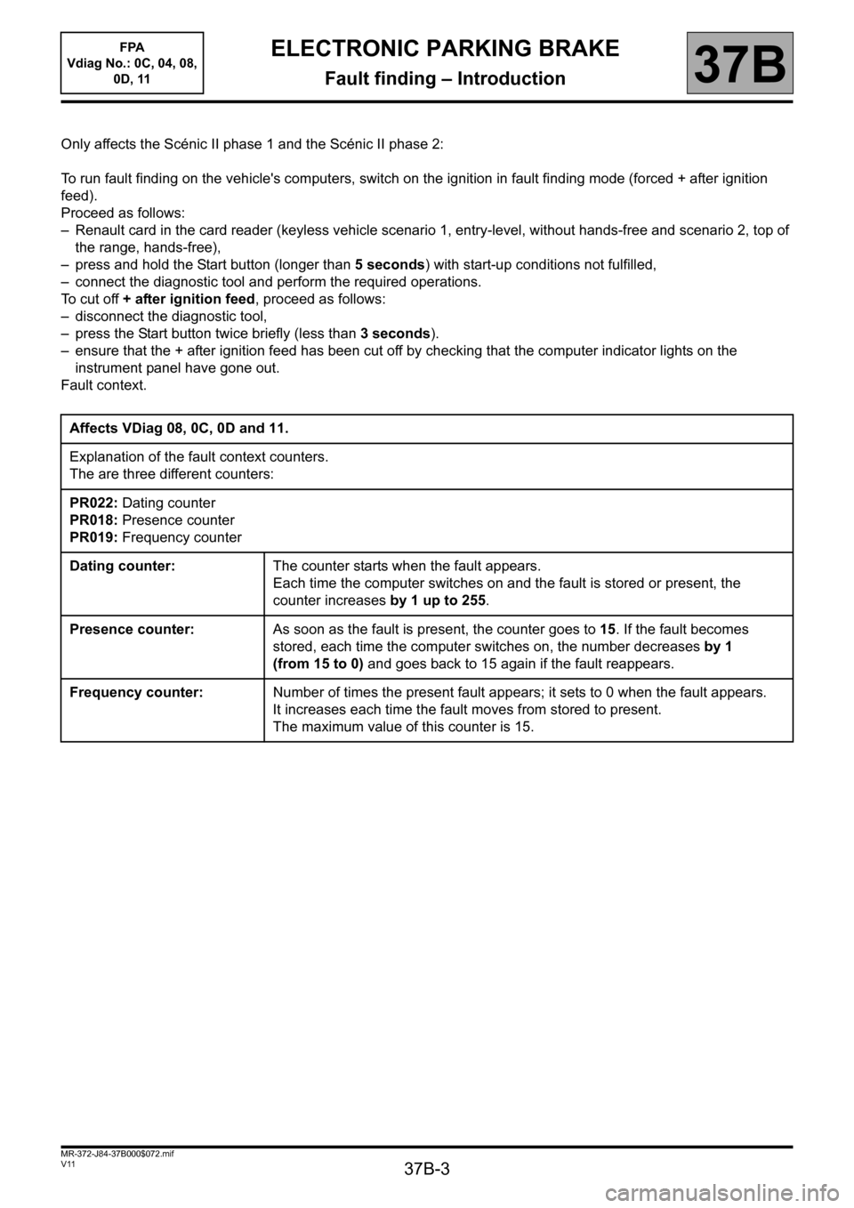 RENAULT SCENIC 2013 J95 / 3.G Electronic Parking Brake Workshop Manual 37B-3
MR-372-J84-37B000$072.mif
V11
ELECTRONIC PARKING BRAKE
Fault finding – Introduction
FPA 
Vdiag No.: 0C, 04, 08, 
0D, 11
37B
Only affects the Scénic II phase 1 and the Scénic II phase 2:
To r