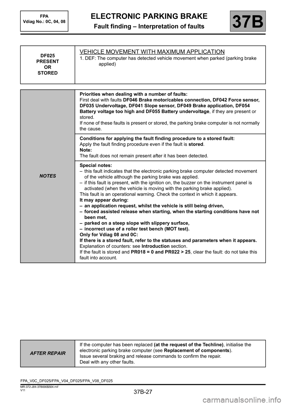 RENAULT SCENIC 2013 J95 / 3.G Electronic Parking Brake Owners Manual 37B-27
MR-372-J84-37B000$504.mif
V11
ELECTRONIC PARKING BRAKE
Fault finding – Interpretation of faults37B
DF025
PRESENT
OR
STOREDVEHICLE MOVEMENT WITH MAXIMUM APPLICATION
1. DEF: The computer has de