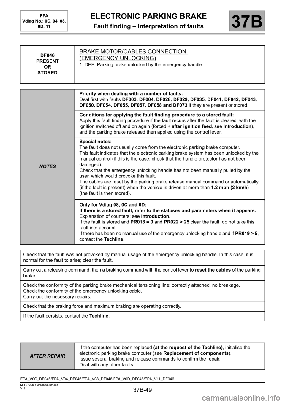 RENAULT SCENIC 2013 J95 / 3.G Electronic Parking Brake Owners Manual 37B-49
MR-372-J84-37B000$504.mif
V11
ELECTRONIC PARKING BRAKE
Fault finding – Interpretation of faults
FPA  
Vdiag No.: 0C, 04, 08, 
0D, 11
37B
DF046
PRESENT
OR
STOREDBRAKE MOTOR/CABLES CONNECTION 
