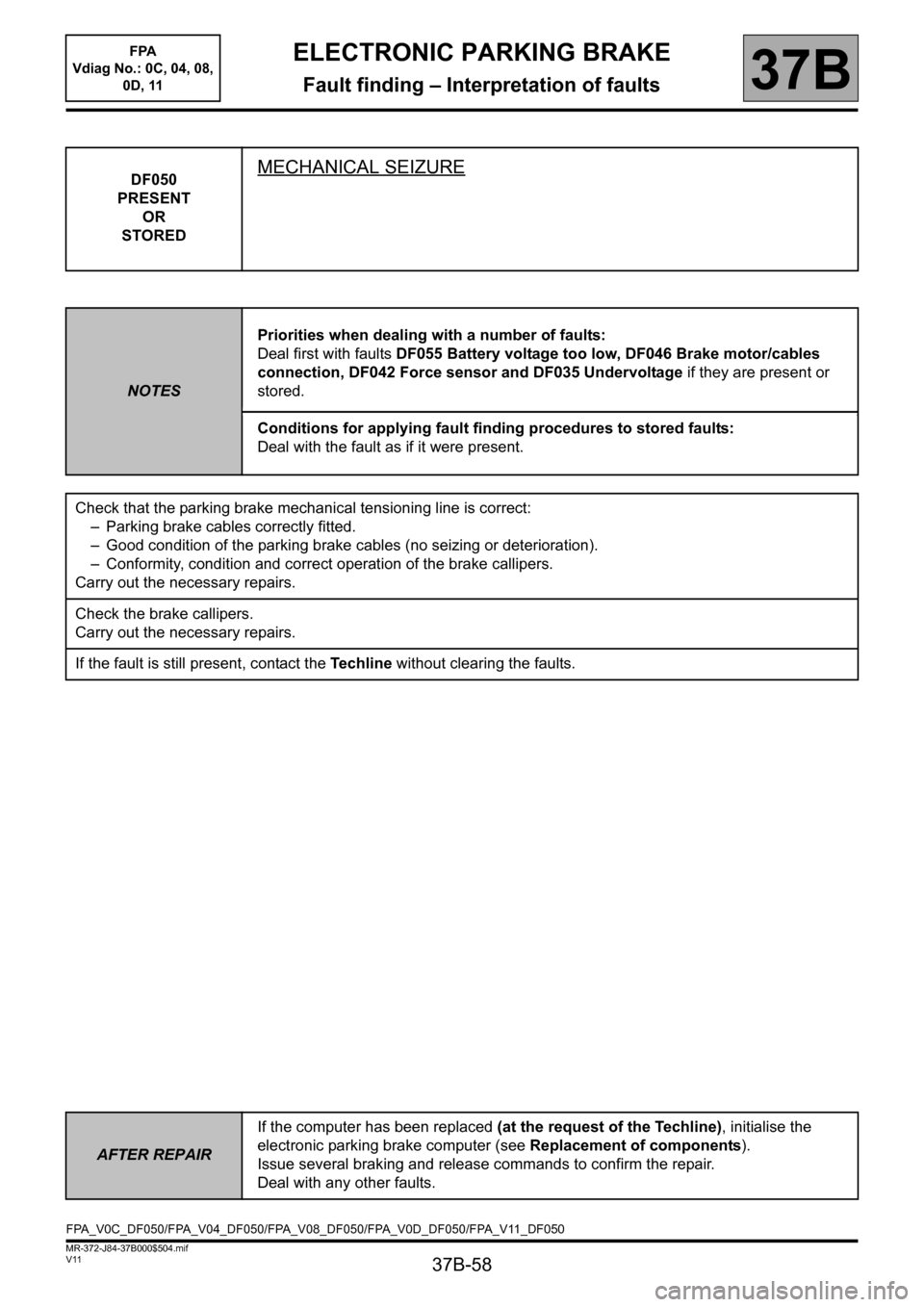 RENAULT SCENIC 2013 J95 / 3.G Electronic Parking Brake Repair Manual 37B-58
MR-372-J84-37B000$504.mif
V11
ELECTRONIC PARKING BRAKE
Fault finding – Interpretation of faults
FPA
Vdiag No.: 0C, 04, 08,
0D, 11
37B
DF050
PRESENT
OR
STOREDMECHANICAL SEIZURE
NOTESPriorit RENAULT SCENIC 2013 J95 / 3.G Electronic Parking Brake Repair Manual 37B-58
MR-372-J84-37B000$504.mif
V11
ELECTRONIC PARKING BRAKE
Fault finding – Interpretation of faults
FPA
Vdiag No.: 0C, 04, 08,
0D, 11
37B
DF050
PRESENT
OR
STOREDMECHANICAL SEIZURE
NOTESPriorit