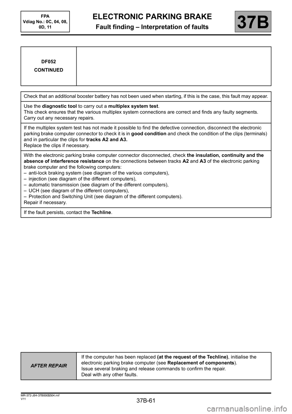 RENAULT SCENIC 2013 J95 / 3.G Electronic Parking Brake Repair Manual 37B-61
MR-372-J84-37B000$504.mif
V11
ELECTRONIC PARKING BRAKE
Fault finding – Interpretation of faults
FPA
Vdiag No.: 0C, 04, 08,
0D, 11
37B
DF052
CONTINUED
Check that an additional booster batte RENAULT SCENIC 2013 J95 / 3.G Electronic Parking Brake Repair Manual 37B-61
MR-372-J84-37B000$504.mif
V11
ELECTRONIC PARKING BRAKE
Fault finding – Interpretation of faults
FPA
Vdiag No.: 0C, 04, 08,
0D, 11
37B
DF052
CONTINUED
Check that an additional booster batte