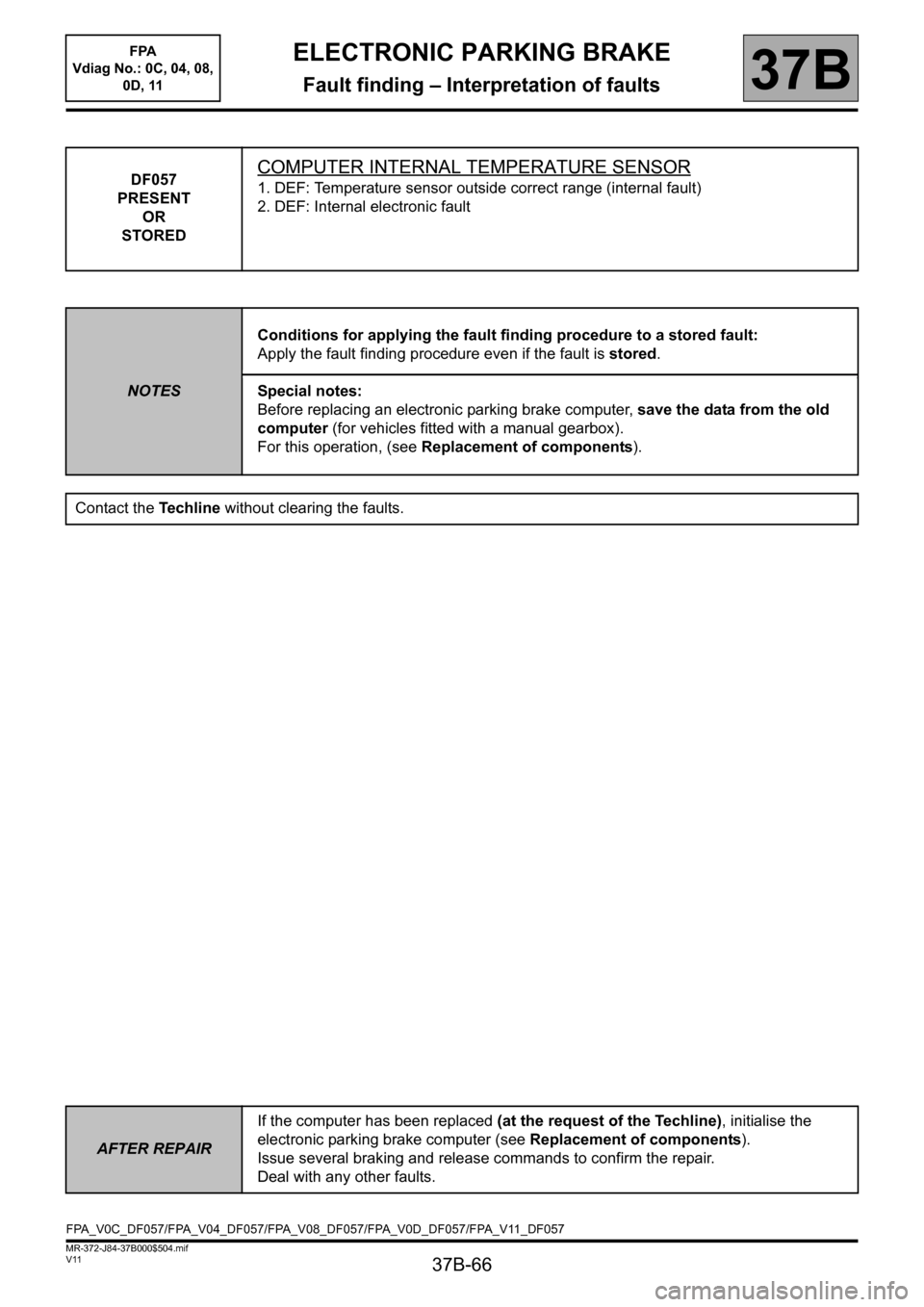 RENAULT SCENIC 2013 J95 / 3.G Electronic Parking Brake Repair Manual 37B-66
MR-372-J84-37B000$504.mif
V11
ELECTRONIC PARKING BRAKE
Fault finding – Interpretation of faults
FPA
Vdiag No.: 0C, 04, 08,
0D, 11
37B
DF057
PRESENT
OR
STOREDCOMPUTER INTERNAL TEMPERATURE S RENAULT SCENIC 2013 J95 / 3.G Electronic Parking Brake Repair Manual 37B-66
MR-372-J84-37B000$504.mif
V11
ELECTRONIC PARKING BRAKE
Fault finding – Interpretation of faults
FPA
Vdiag No.: 0C, 04, 08,
0D, 11
37B
DF057
PRESENT
OR
STOREDCOMPUTER INTERNAL TEMPERATURE S