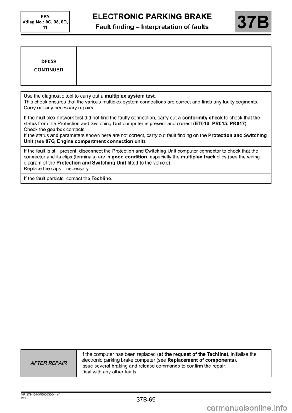 RENAULT SCENIC 2013 J95 / 3.G Electronic Parking Brake Repair Manual 37B-69
MR-372-J84-37B000$504.mif
V11
ELECTRONIC PARKING BRAKE
Fault finding – Interpretation of faults37B
DF059
CONTINUED
Use the diagnostic tool to carry out a multiplex system test.
This check ens RENAULT SCENIC 2013 J95 / 3.G Electronic Parking Brake Repair Manual 37B-69
MR-372-J84-37B000$504.mif
V11
ELECTRONIC PARKING BRAKE
Fault finding – Interpretation of faults37B
DF059
CONTINUED
Use the diagnostic tool to carry out a multiplex system test.
This check ens