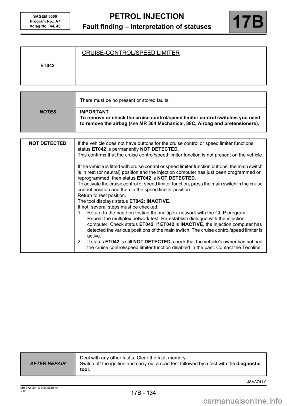 RENAULT SCENIC 2014 J95 / 3.G Petrol Injection - Sagem3000 Workshop Manual PETROL INJECTION
Fault finding – Interpretation of statuses17B
17B - 134V12 MR-372-J84-17B000$540.mif
SAGEM 3000
Program No.: A7
Vdiag No.: 44, 48PETROL INJECTION
Fault finding – Interpretation of