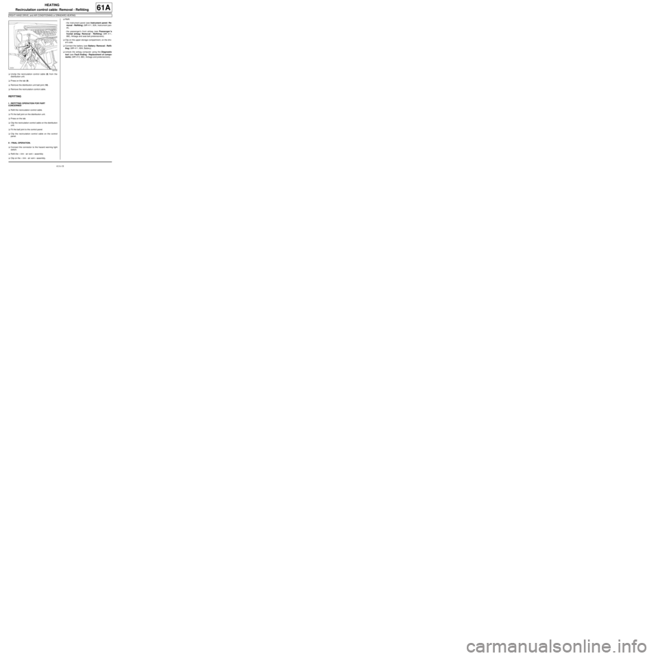 RENAULT TWINGO 2009 2.G Air Conditioning Workshop Manual 61A-18
HEATING
Recirculation control cable: Removal - Refitting
RIGHT-HAND DRIVE, and AIR CONDITIONING or STANDARD HEATING
61A
aUnclip the recirculation control cable (8) from the
distribution unit.
a