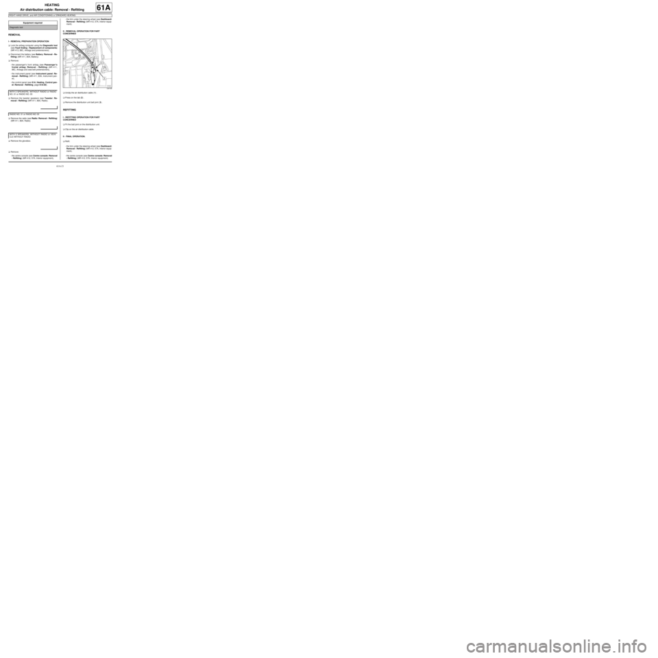 RENAULT TWINGO 2009 2.G Air Conditioning Owners Manual 61A-21
HEATING
Air distribution cable: Removal - Refitting
RIGHT-HAND DRIVE, and AIR CONDITIONING or STANDARD HEATING
61A
REMOVAL
I - REMOVAL PREPARATION OPERATION
aLock the airbag computer using the 