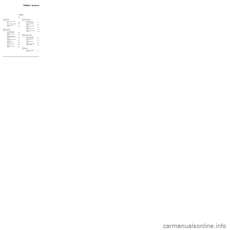 RENAULT TWINGO 2009 2.G Electrical Equipment Workshop Manual TWINGO - Section 8
Contents
Pages
TWINGO - Section 8 ContentsPages
80A BATTERY
Battery: Precautions for the 
repair 80A-1
Battery: Removal - Reﬁtting 80A-2
Battery tray: Removal - 
Reﬁtting 80A-6
