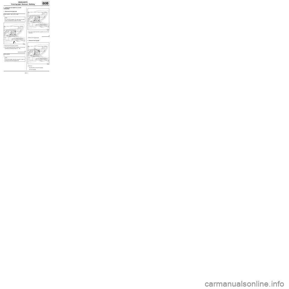 RENAULT TWINGO 2009 2.G Electrical Equipment Owners Manual 80B-11
HEADLIGHTS
Front fog light: Removal - Refitting
80B
II -  OPERATION FOR REMOVAL OF PART 
CONCERNED
1 -  Removing the fog light bulb
a
aDisconnect the fog light connector.
aTurn the fog light bu