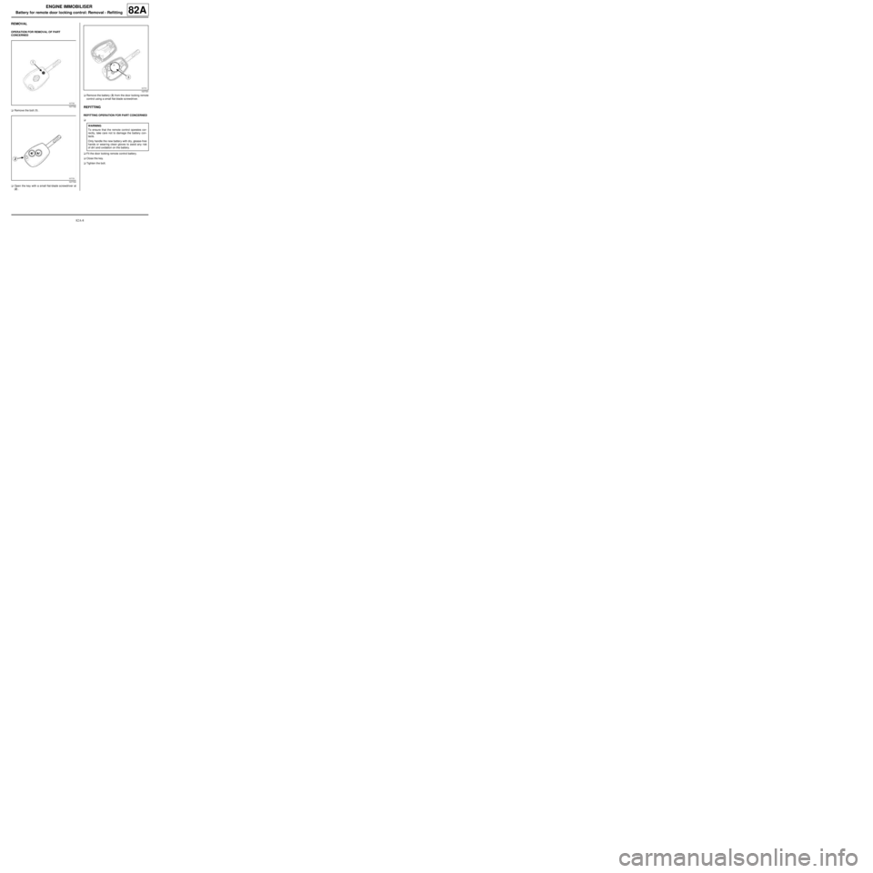 RENAULT TWINGO 2009 2.G Electrical Equipment Workshop Manual 82A-8
ENGINE IMMOBILISER
Battery for remote door locking control: Removal - Refitting82A
REMOVAL
OPERATION FOR REMOVAL OF PART 
CONCERNED
aRemove the bolt (1) .
aOpen the key with a small flat-blade s