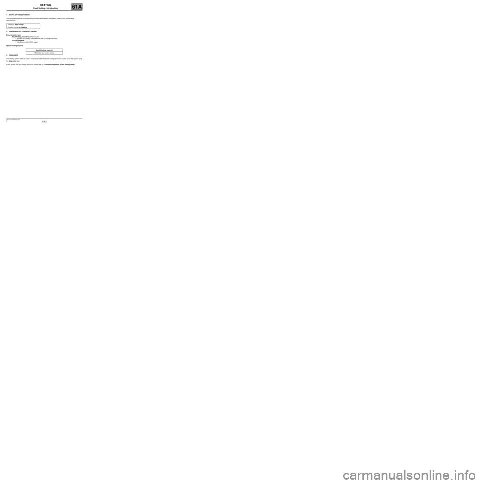 RENAULT TWINGO 2009 2.G Heating And Air Conditioning -  Heating Workshop Manual 61A-2
MR-413-X44-61A000$125_eng.mif
V1
61A
HEATING
Fault finding - Introduction
1. SCOPE OF THIS DOCUMENT
This document presents the fault finding procedure applicable to the heating function with the