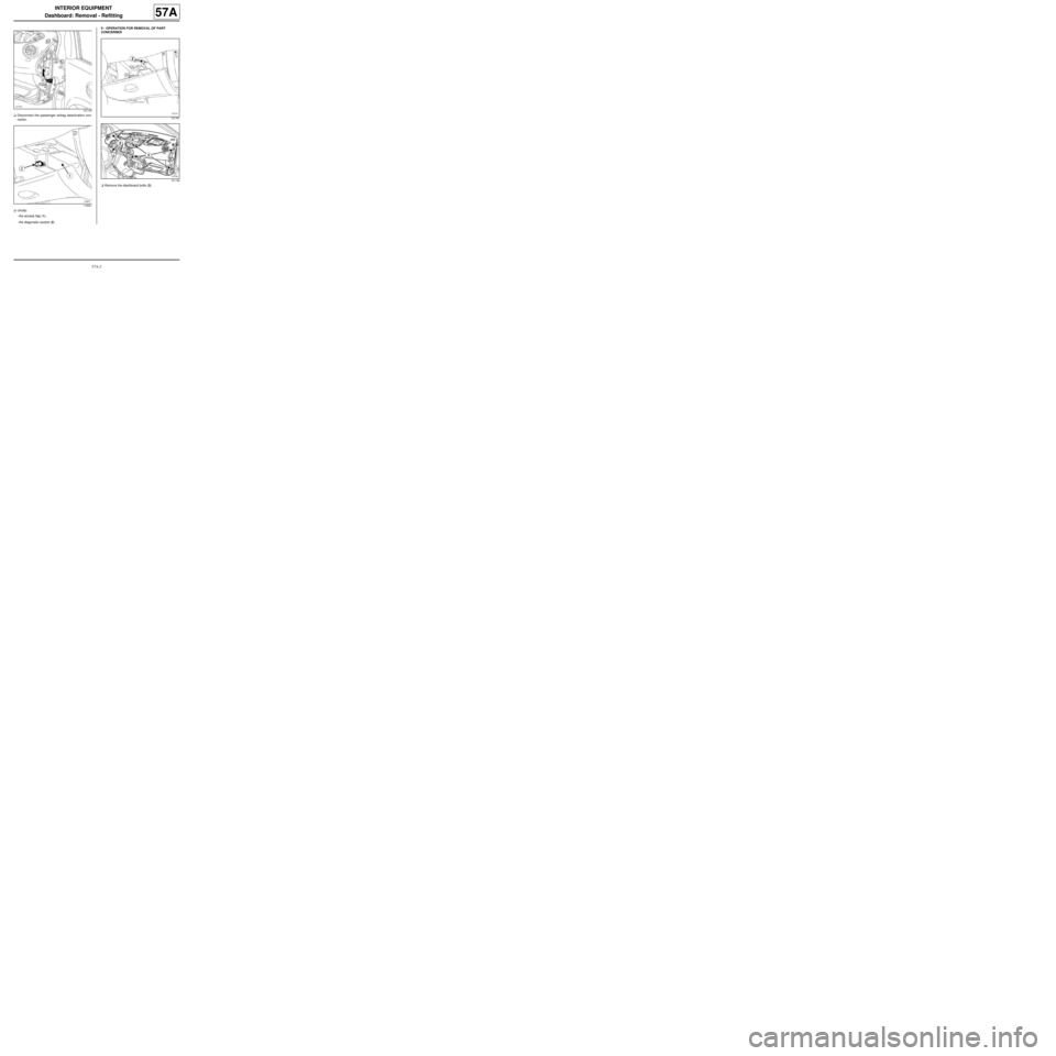 RENAULT TWINGO RS 2009 2.G Mechanism And Accessories Workshop Manual 57A-2
INTERIOR EQUIPMENT
Dashboard: Removal - Refitting
57A
aDisconnect the passenger airbag deactivation con-
nector.
aUnclip:
-the access flap (1) ,
-the diagnostic socket (2) .II -  OPERATION FOR R