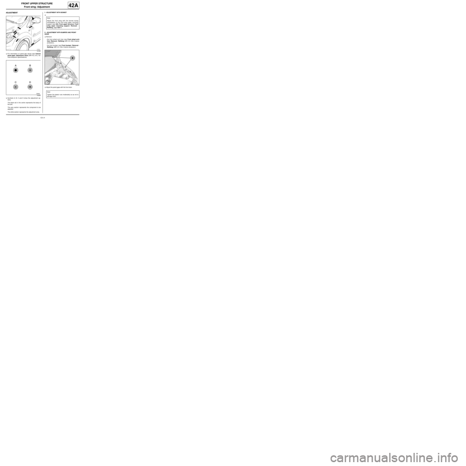 RENAULT TWINGO RS 2009 2.G Panelwork Workshop Manual 42A-4
FRONT UPPER STRUCTURE
Front wing: Adjustment
42A
ADJUSTMENT
aFor information on panel gap values (see Vehicle
panel gaps: Adjustment value) (MR 412, 01C, Ve-
hicle bodywork specifications).
aSym