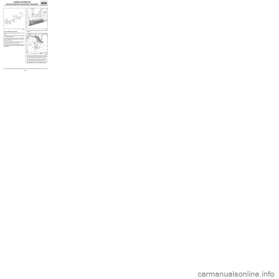 RENAULT TWINGO RS 2009 2.G Panelwork Owners Guide 40A-32
GENERAL INFORMATION
Structural bodywork documentation: Description
40A
3 -  Part in position on the vehicle
The spare part is always shaded when shown on the
vehicle.
The drawings prioritise th