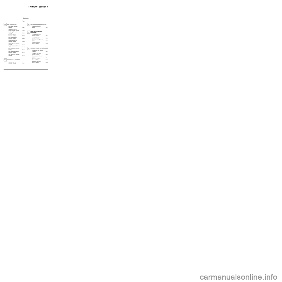 RENAULT TWINGO RS 2009 2.G Trim And Upholstery Workshop Manual TWINGO - Section 7
Contents
Pages
TWINGO - Section 7 ContentsPages
71A BODY INTERNAL TRIM
Floor car pet: Removal - 
Reﬁtting 71A-1
Luggage compartment 
carpet: Removal - Reﬁtting 71A-3
Headlining: