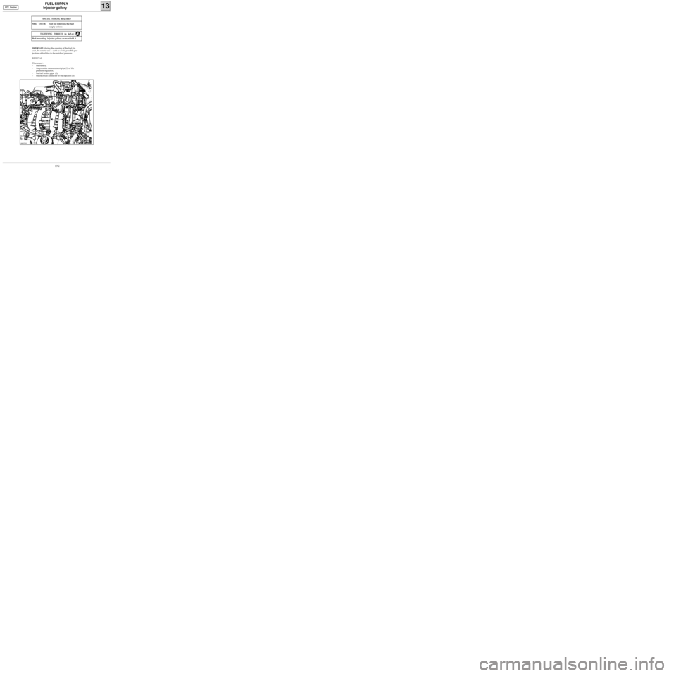 RENAULT KANGOO 1997 KC / 1.G Engine And Peripherals Workshop Manual FUEL SUPPLY
Injector gallery
13
IMPORTANT: during the opening of the fuel cir-
cuit , be sure to use a  cloth to avoid possible pro-
jections of fuel due to the residual pressure. 
REMOVAL
Disconnect 