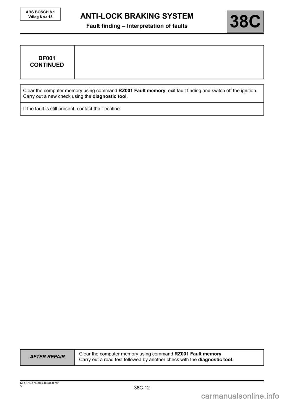RENAULT KANGOO 2013 X61 / 2.G ABS Bosch 8.1 Workshop Manual 38C-12
AFTER REPAIRClear the computer memory using command RZ001 Fault memory.
Carry out a road test followed by another check with the diagnostic tool.
V1 MR-376-X76-38C000$090.mif
ANTI-LOCK BRAKING 