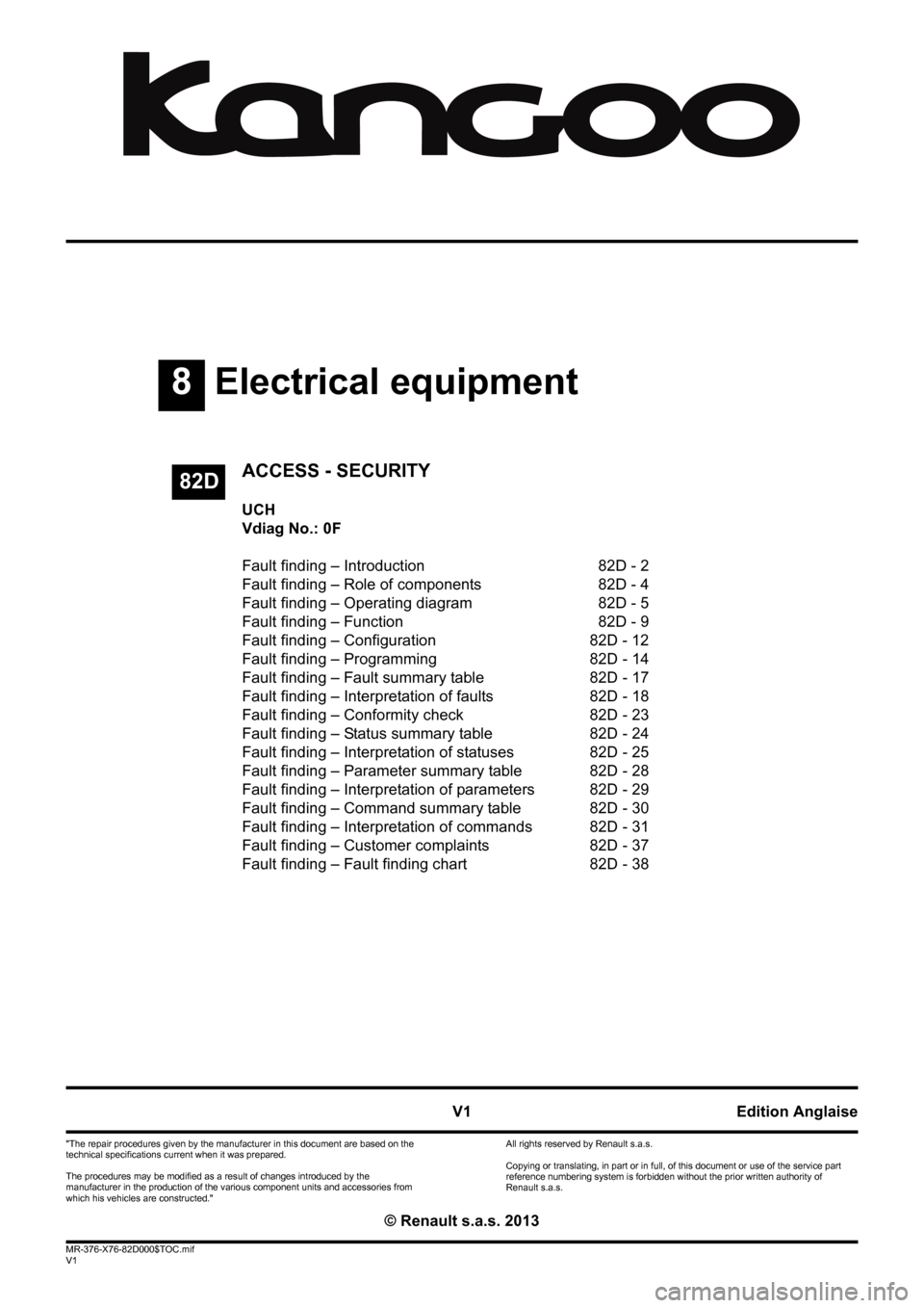 RENAULT KANGOO 2013 X61 / 2.G Access Security Workshop Manual 