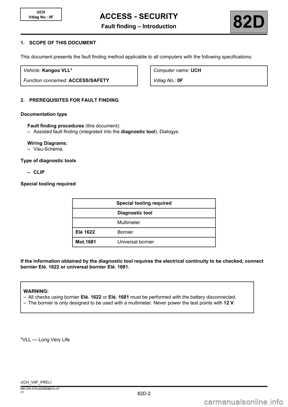 RENAULT KANGOO 2013 X61 / 2.G Access Security Workshop Manual 82D-2V1 MR-376-X76-82D000$010.mif
82D
UCH
Vdiag No.: 0F
1. SCOPE OF THIS DOCUMENT
This document presents the fault finding method applicable to all computers with the following specifications:
2. PRER