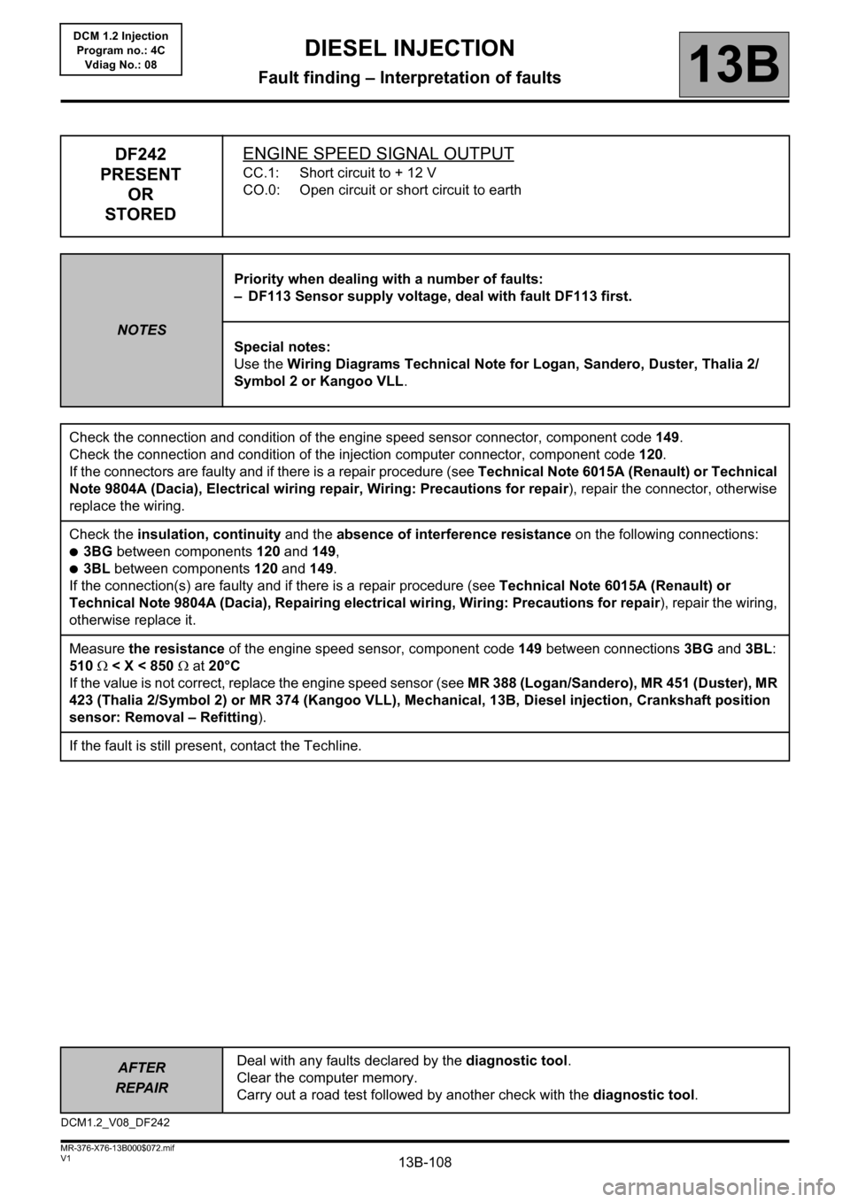 RENAULT KANGOO 2013 X61 / 2.G Diesel DCM 1.2 Injection Manual PDF 13B-108
AFTER
REPAIRDeal with any faults declared by the diagnostic tool. 
Clear the computer memory.
Carry out a road test followed by another check with the diagnostic tool.
V1 MR-376-X76-13B000$072