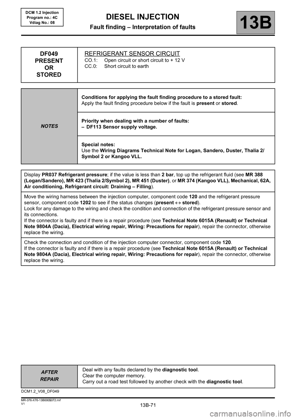 RENAULT KANGOO 2013 X61 / 2.G Diesel DCM 1.2 Injection Manual PDF 13B-71
AFTER
REPAIRDeal with any faults declared by the diagnostic tool. 
Clear the computer memory.
Carry out a road test followed by another check with the diagnostic tool.
V1 MR-376-X76-13B000$072.