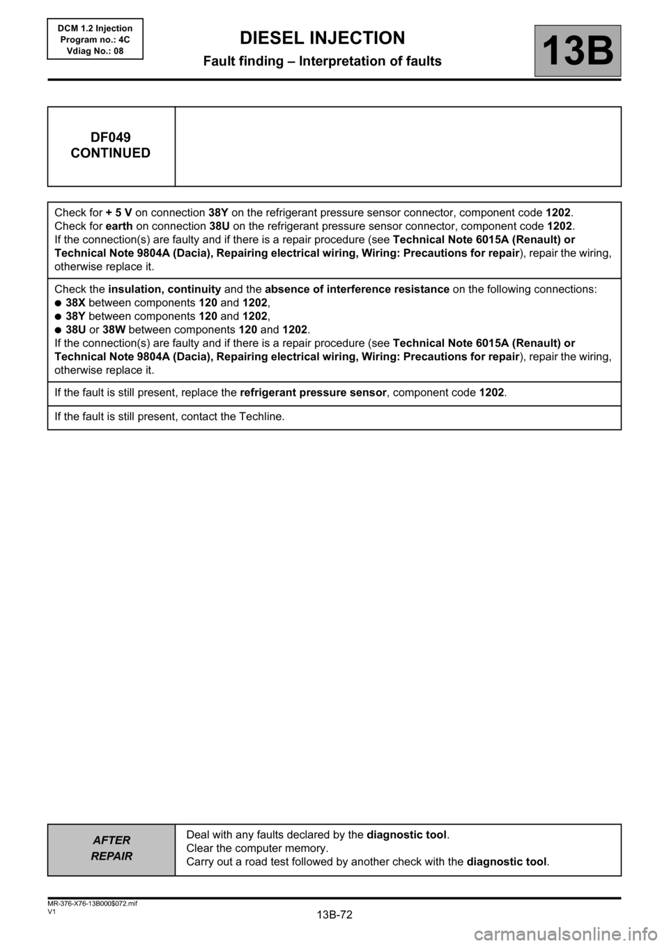 RENAULT KANGOO 2013 X61 / 2.G Diesel DCM 1.2 Injection Manual PDF 13B-72
AFTER
REPAIRDeal with any faults declared by the diagnostic tool. 
Clear the computer memory.
Carry out a road test followed by another check with the diagnostic tool.
V1 MR-376-X76-13B000$072.