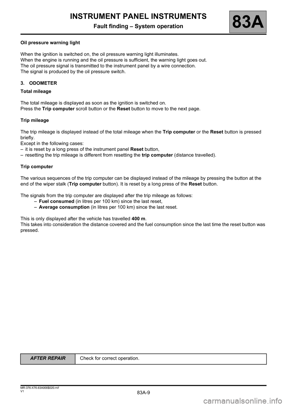 RENAULT KANGOO 2013 X61 / 2.G Instrument Panel Instruments Workshop Manual 83A-9
AFTER REPAIRCheck for correct operation.
V1 MR-376-X76-83A000$020.mif
INSTRUMENT PANEL INSTRUMENTS
Fault finding – System operation83A
Oil pressure warning light
When the ignition is switched 