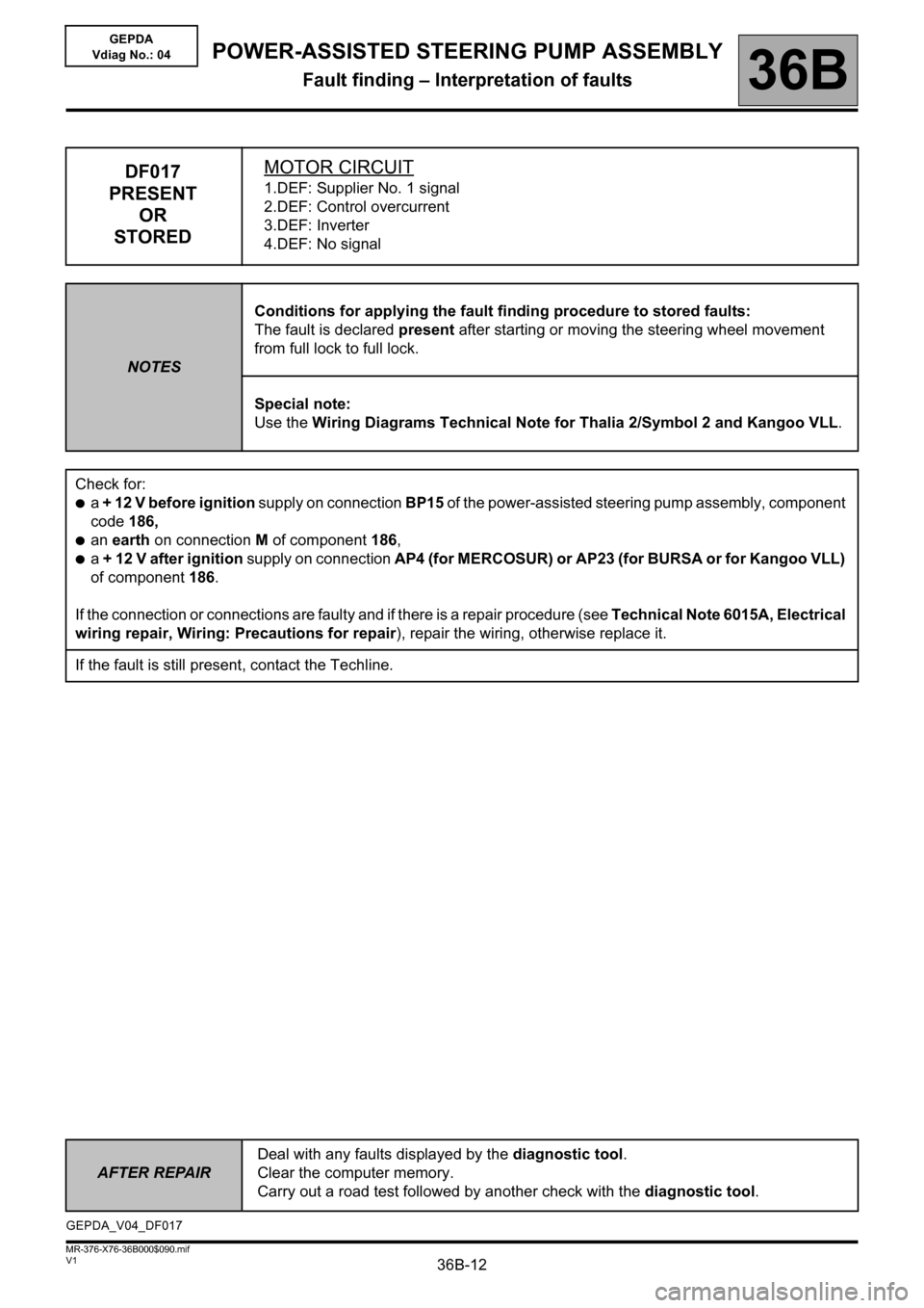 RENAULT KANGOO 2013 X61 / 2.G Power Steering Pump Assembly User Guide 36B-12
AFTER REPAIRDeal with any faults displayed by the diagnostic tool.
Clear the computer memory.
Carry out a road test followed by another check with the diagnostic tool.
V1 MR-376-X76-36B000$090. RENAULT KANGOO 2013 X61 / 2.G Power Steering Pump Assembly User Guide 36B-12
AFTER REPAIRDeal with any faults displayed by the diagnostic tool.
Clear the computer memory.
Carry out a road test followed by another check with the diagnostic tool.
V1 MR-376-X76-36B000$090.