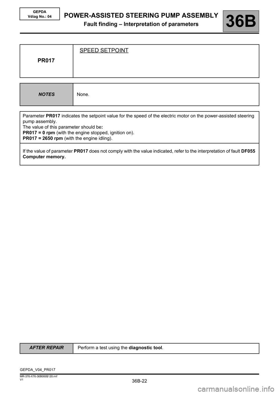 RENAULT KANGOO 2013 X61 / 2.G Power Steering Pump Assembly Owners Manual 36B-22
AFTER REPAIRPerform a test using the diagnostic tool.
V1 MR-376-X76-36B000$120.mif
POWER-ASSISTED STEERING PUMP ASSEMBLY
Fault finding – Interpretation of parameters36B
GEPDA
Vdiag No.: 04
PR