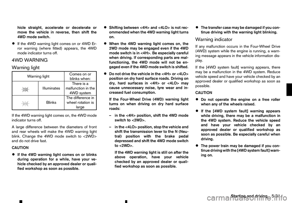 RENAULT ALASKAN 2017 Owners Guide hicle straight, accelerate or decelerate or
move the vehicle in reverse, then shift the
4WD mode switch.
• If the 4WD warning light comes on or 4WD Er-
ror warning (where fitted) appears, the 4WD
mo RENAULT ALASKAN 2017 Owners Guide hicle straight, accelerate or decelerate or
move the vehicle in reverse, then shift the
4WD mode switch.
• If the 4WD warning light comes on or 4WD Er-
ror warning (where fitted) appears, the 4WD
mo