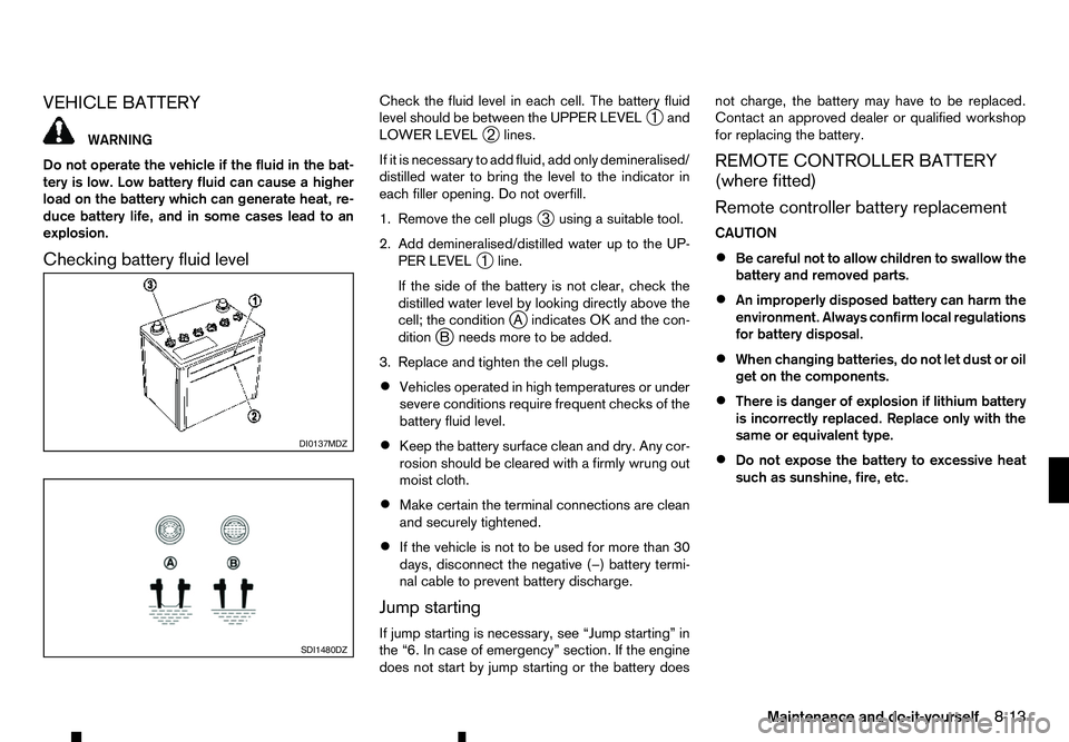 RENAULT ALASKAN 2017 Service Manual VEHICLE BATTERY
WARNING
Do not operate the vehicle if the fluid in the bat-
tery is low. Low battery fluid can cause ahigher
load on the battery which can generate heat, re-
duce battery life, and in RENAULT ALASKAN 2017 Service Manual VEHICLE BATTERY
WARNING
Do not operate the vehicle if the fluid in the bat-
tery is low. Low battery fluid can cause ahigher
load on the battery which can generate heat, re-
duce battery life, and in