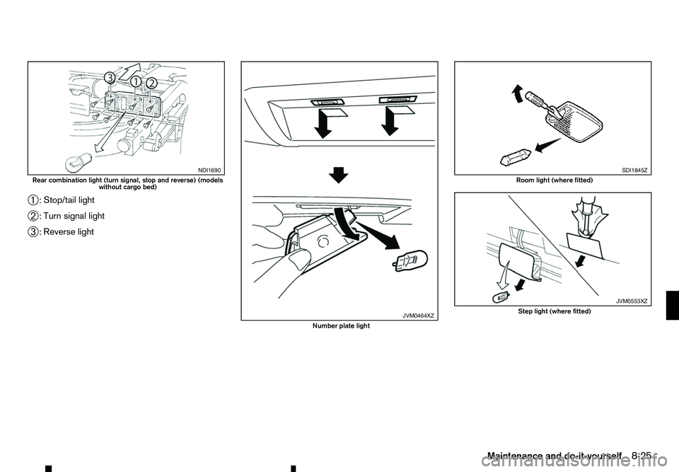 RENAULT ALASKAN 2017 Owners Manual ➀
:
Stop/tail light
➁ :
Turn signal light
➂ :
Reverse light NDI1690
Rear combination light (turn signal, stop and reverse) (models
without cargo bed) JVM0464XZ
Number plate light SDI1845Z
Room l RENAULT ALASKAN 2017 Owners Manual ➀
:
Stop/tail light
➁ :
Turn signal light
➂ :
Reverse light NDI1690
Rear combination light (turn signal, stop and reverse) (models
without cargo bed) JVM0464XZ
Number plate light SDI1845Z
Room l