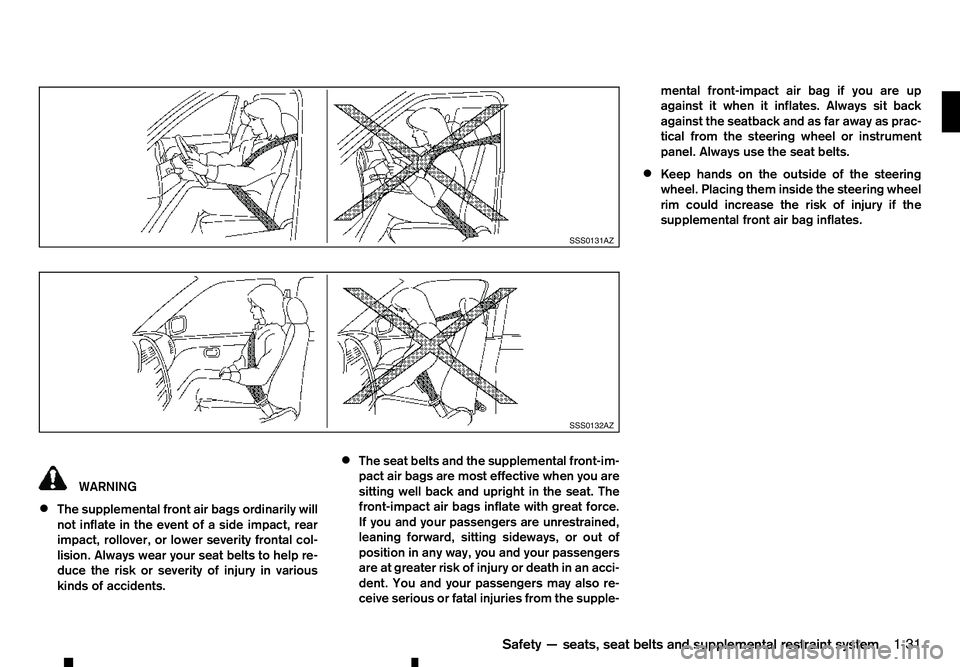 RENAULT ALASKAN 2017 Service Manual WARNING
• The supplemental front air bags ordinarily will
not inflate in the event of aside impact, rear
impact, rollover, or lower severity frontal col-
lision. Always wear your seat belts to help RENAULT ALASKAN 2017 Service Manual WARNING
• The supplemental front air bags ordinarily will
not inflate in the event of aside impact, rear
impact, rollover, or lower severity frontal col-
lision. Always wear your seat belts to help