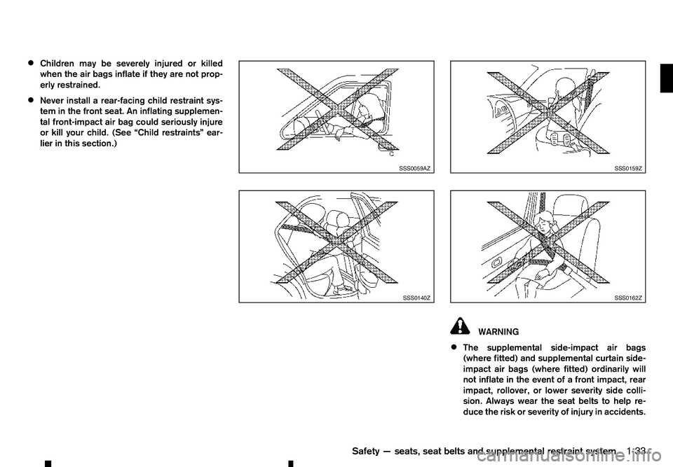 RENAULT ALASKAN 2017 Workshop Manual •
Children may be severely injured or killed
when the air bags inflate if they are not prop-
erly restrained.
• Never install
arear-facing child restraint sys-
tem in the front seat. An inflating RENAULT ALASKAN 2017 Workshop Manual •
Children may be severely injured or killed
when the air bags inflate if they are not prop-
erly restrained.
• Never install
arear-facing child restraint sys-
tem in the front seat. An inflating