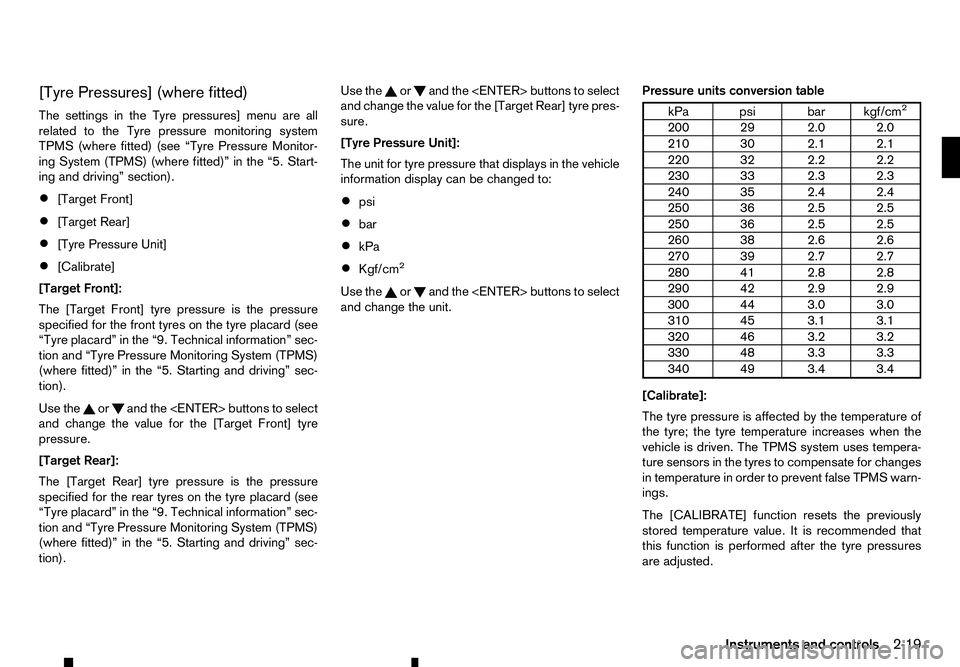 RENAULT ALASKAN 2017  Owners Manual [Tyre Pressures] (where fitted)
The settings in the Tyre pressures] menu are all
related to the Tyre pressure monitoring system
TPMS (where fitted) (see “Tyre Pressure Monitor-
ing System (TPMS) (wh