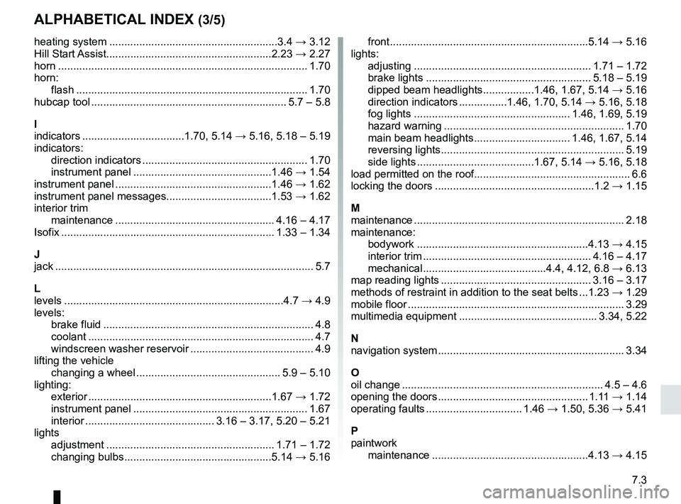 RENAULT CAPTUR 2018  Owners Manual 7.3
ALPHABETICAL INDEX (3/5)
heating system ........................................................3.4 → 3.12
Hill Start Assist.......................................................2.23  → 2.27
