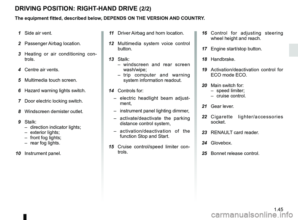 RENAULT CAPTUR 2018  Owners Manual 1.45
DRIVING POSITION: RIGHT-HAND DRIVE (2/2)
The equipment fitted, described below, DEPENDS ON THE VERSION AND COUNTRY.
 1  Side air vent.
  2 Passenger Airbag location.
  3  Heating or air condition