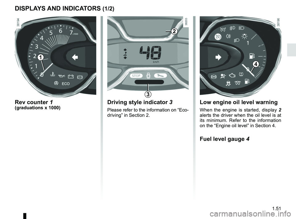 RENAULT CAPTUR 2018 Workshop Manual 1.51
DISPLAYS AND INDICATORS (1/2)
Rev counter 1(graduations x 1000)Driving style indicator 3
Please refer to the information on “Eco-
driving” in Section 2.
Low engine oil level warning
When the 