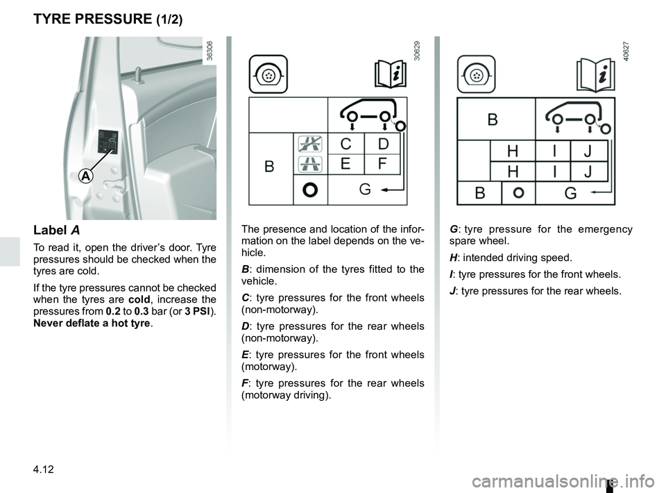 RENAULT DUSTER 2016 Owners Manual 4.12
TYRE PRESSURE (1/2)
The presence and location of the infor-
mation on the label depends on the ve-
hicle.
B: dimension of the tyres fitted to the
vehicle.
C : tyre pressures for the front wheels RENAULT DUSTER 2016 Owners Manual 4.12
TYRE PRESSURE (1/2)
The presence and location of the infor-
mation on the label depends on the ve-
hicle.
B: dimension of the tyres fitted to the
vehicle.
C : tyre pressures for the front wheels