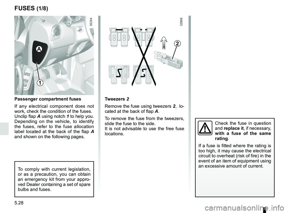 RENAULT DUSTER 2016  Owners Manual 5.28
Passenger compartment fuses
If any electrical component does not 
work, check the condition of the fuses.
Unclip flap A using notch  1 to help you.
Depending on the vehicle, to identify 
the fuse