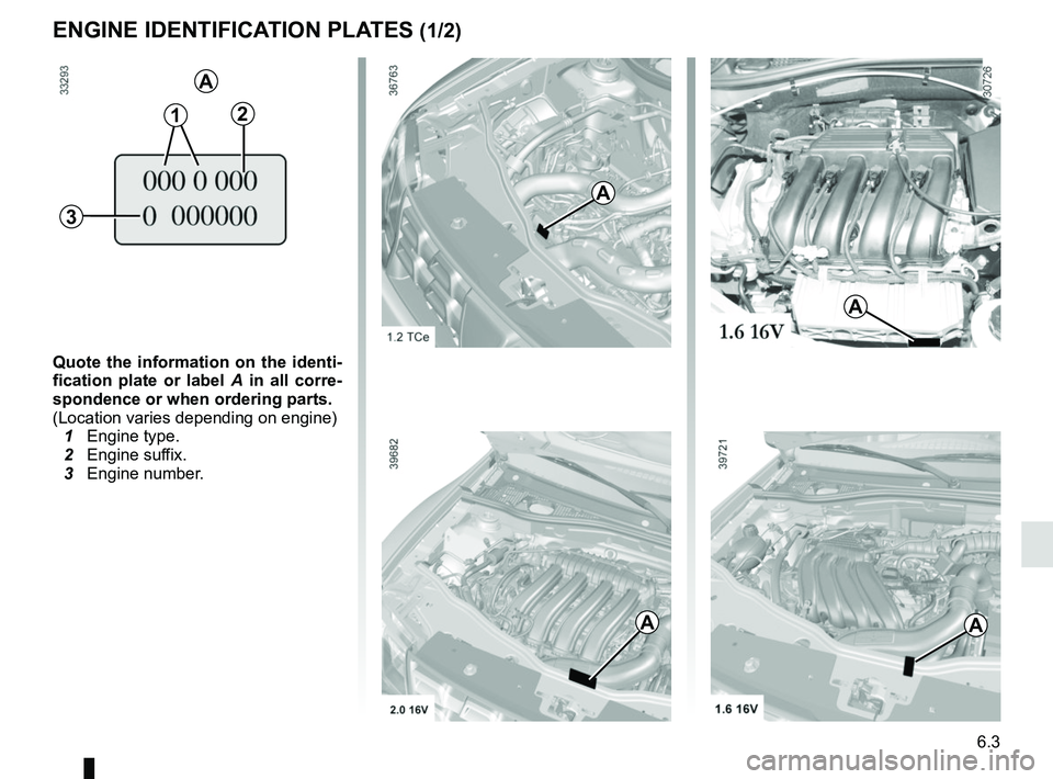 RENAULT DUSTER 2016 Owners Manual 6.3
ENGINE IDENTIFICATION PLATES (1/2)
Quote the information on the identi-
fication plate or label A in all corre-
spondence or when ordering parts.
(Location varies depending on engine)
1 Engine t RENAULT DUSTER 2016 Owners Manual 6.3
ENGINE IDENTIFICATION PLATES (1/2)
Quote the information on the identi-
fication plate or label A in all corre-
spondence or when ordering parts.
(Location varies depending on engine)
1 Engine t